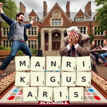 Creative illustration for a Scrabble game with the word MANRIKIGUSARIS spelled out in tiles on the board.
