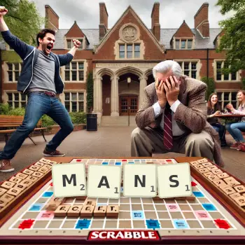 Creative illustration for a Scrabble game with the word MANS spelled out in tiles on the board.