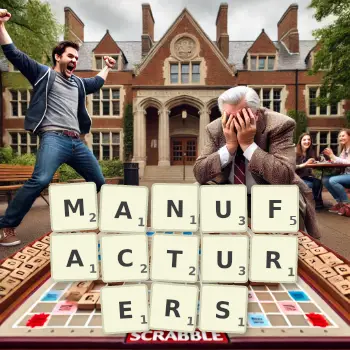 Creative illustration for a Scrabble game with the word MANUFACTURERS spelled out in tiles on the board.