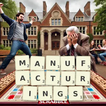 Creative illustration for a Scrabble game with the word MANUFACTURINGS spelled out in tiles on the board.