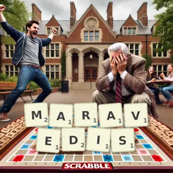 Creative illustration for a Scrabble game with the word MARAVEDIS spelled out in tiles on the board.