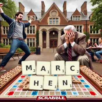 Creative illustration for a Scrabble game with the word MARCHEN spelled out in tiles on the board.