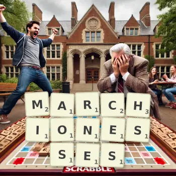 Creative illustration for a Scrabble game with the word MARCHIONESSES spelled out in tiles on the board.