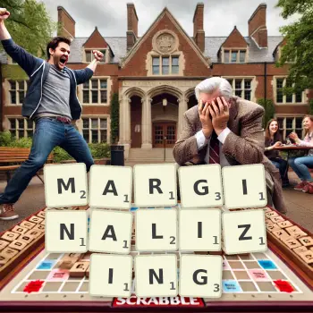 Creative illustration for a Scrabble game with the word MARGINALIZING spelled out in tiles on the board.