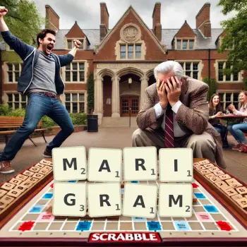 Creative illustration for a Scrabble game with the word MARIGRAM spelled out in tiles on the board.