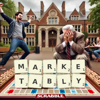 Creative illustration for a Scrabble game with the word MARKETABLY spelled out in tiles on the board.