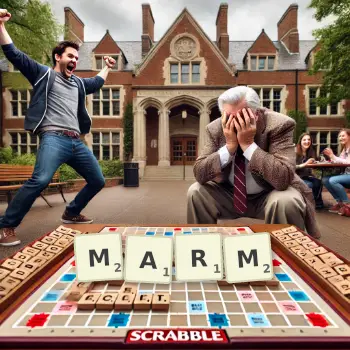 Creative illustration for a Scrabble game with the word MARM spelled out in tiles on the board.