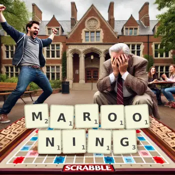 Creative illustration for a Scrabble game with the word MAROONING spelled out in tiles on the board.
