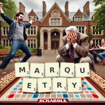 Creative illustration for a Scrabble game with the word MARQUETRY spelled out in tiles on the board.