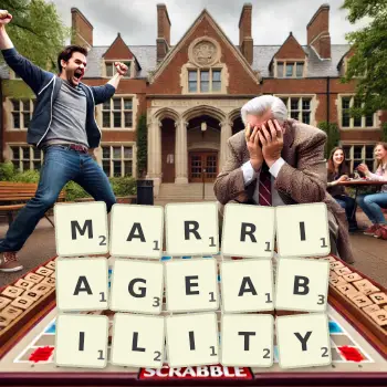 Creative illustration for a Scrabble game with the word MARRIAGEABILITY spelled out in tiles on the board.