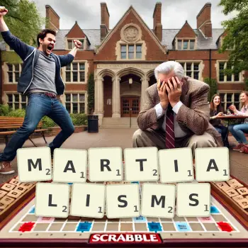 Creative illustration for a Scrabble game with the word MARTIALISMS spelled out in tiles on the board.