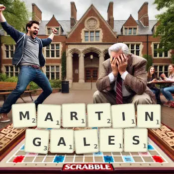 Creative illustration for a Scrabble game with the word MARTINGALES spelled out in tiles on the board.