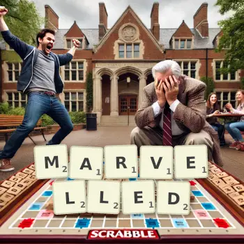 Creative illustration for a Scrabble game with the word MARVELLED spelled out in tiles on the board.