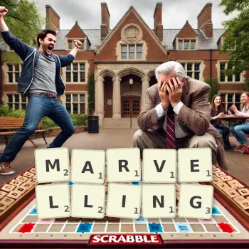 Creative illustration for a Scrabble game with the word MARVELLING spelled out in tiles on the board.