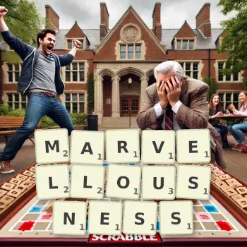 Creative illustration for a Scrabble game with the word MARVELLOUSNESS spelled out in tiles on the board.