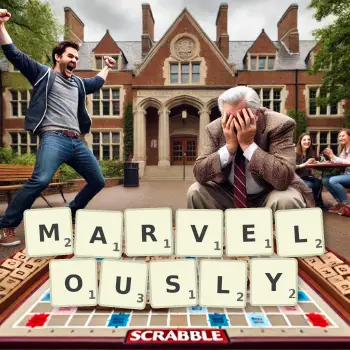 Creative illustration for a Scrabble game with the word MARVELOUSLY spelled out in tiles on the board.