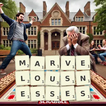Creative illustration for a Scrabble game with the word MARVELOUSNESSES spelled out in tiles on the board.