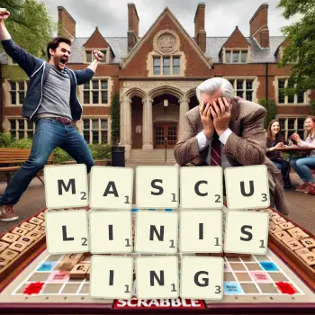 Creative illustration for a Scrabble game with the word MASCULINISING spelled out in tiles on the board.