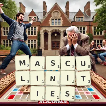 Creative illustration for a Scrabble game with the word MASCULINITIES spelled out in tiles on the board.