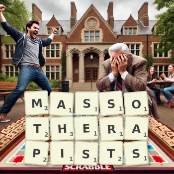 Creative illustration for a Scrabble game with the word MASSOTHERAPISTS spelled out in tiles on the board.