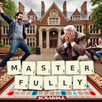 Creative illustration for a Scrabble game with the word MASTERFULLY spelled out in tiles on the board.