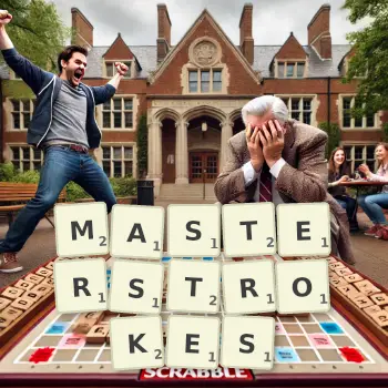 Creative illustration for a Scrabble game with the word MASTERSTROKES spelled out in tiles on the board.