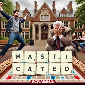 Creative illustration for a Scrabble game with the word MASTICATED spelled out in tiles on the board.