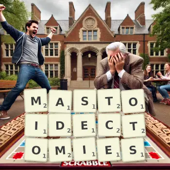 Creative illustration for a Scrabble game with the word MASTOIDECTOMIES spelled out in tiles on the board.