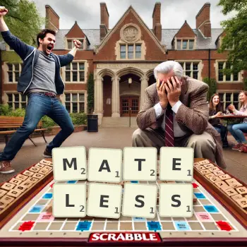 Creative illustration for a Scrabble game with the word MATELESS spelled out in tiles on the board.