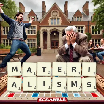 Creative illustration for a Scrabble game with the word MATERIALISMS spelled out in tiles on the board.