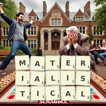 Creative illustration for a Scrabble game with the word MATERIALISTICAL spelled out in tiles on the board.
