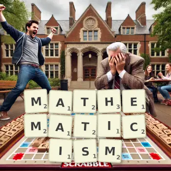 Creative illustration for a Scrabble game with the word MATHEMATICISM spelled out in tiles on the board.