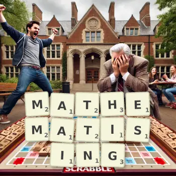 Creative illustration for a Scrabble game with the word MATHEMATISING spelled out in tiles on the board.