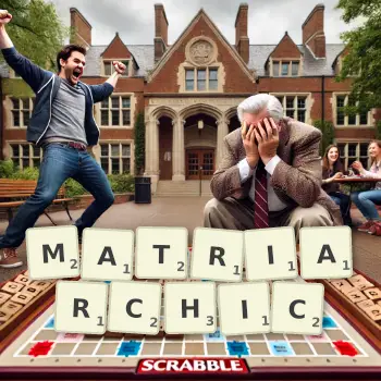 Creative illustration for a Scrabble game with the word MATRIARCHIC spelled out in tiles on the board.