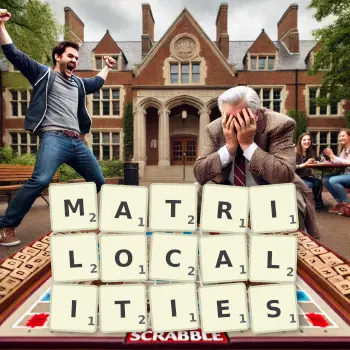 Creative illustration for a Scrabble game with the word MATRILOCALITIES spelled out in tiles on the board.