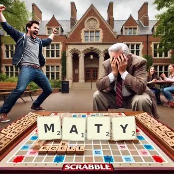 Creative illustration for a Scrabble game with the word MATY spelled out in tiles on the board.