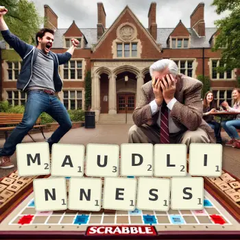 Creative illustration for a Scrabble game with the word MAUDLINNESS spelled out in tiles on the board.