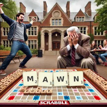 Creative illustration for a Scrabble game with the word MAWN spelled out in tiles on the board.