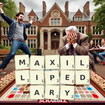 Creative illustration for a Scrabble game with the word MAXILLIPEDARY spelled out in tiles on the board.