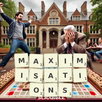Creative illustration for a Scrabble game with the word MAXIMISATIONS spelled out in tiles on the board.