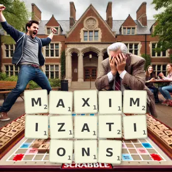 Creative illustration for a Scrabble game with the word MAXIMIZATIONS spelled out in tiles on the board.