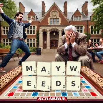 Creative illustration for a Scrabble game with the word MAYWEEDS spelled out in tiles on the board.