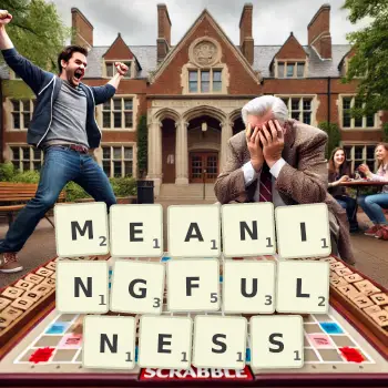 Creative illustration for a Scrabble game with the word MEANINGFULNESS spelled out in tiles on the board.