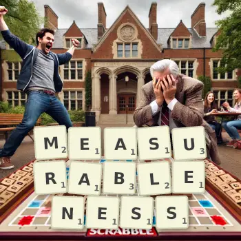 Creative illustration for a Scrabble game with the word MEASURABLENESS spelled out in tiles on the board.