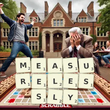 Creative illustration for a Scrabble game with the word MEASURELESSLY spelled out in tiles on the board.