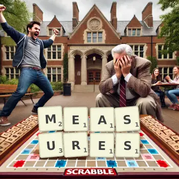 Creative illustration for a Scrabble game with the word MEASURES spelled out in tiles on the board.
