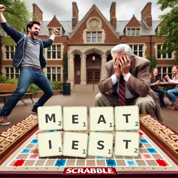 Creative illustration for a Scrabble game with the word MEATIEST spelled out in tiles on the board.