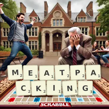 Creative illustration for a Scrabble game with the word MEATPACKING spelled out in tiles on the board.