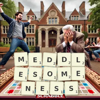 Creative illustration for a Scrabble game with the word MEDDLESOMENESS spelled out in tiles on the board.