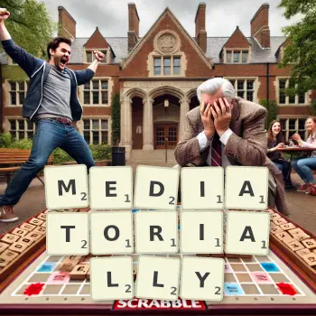 Creative illustration for a Scrabble game with the word MEDIATORIALLY spelled out in tiles on the board.